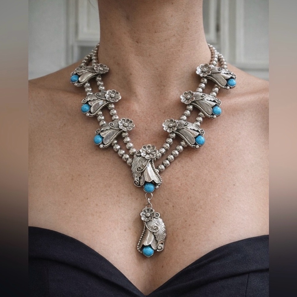 Sterling Silver 925 and Turquoise Floral Squash Blossom Necklace - Picture 4 of 16